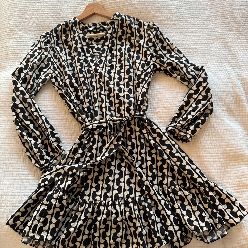 Zara Black and White A-Line Dress with Bishop Sleeves
